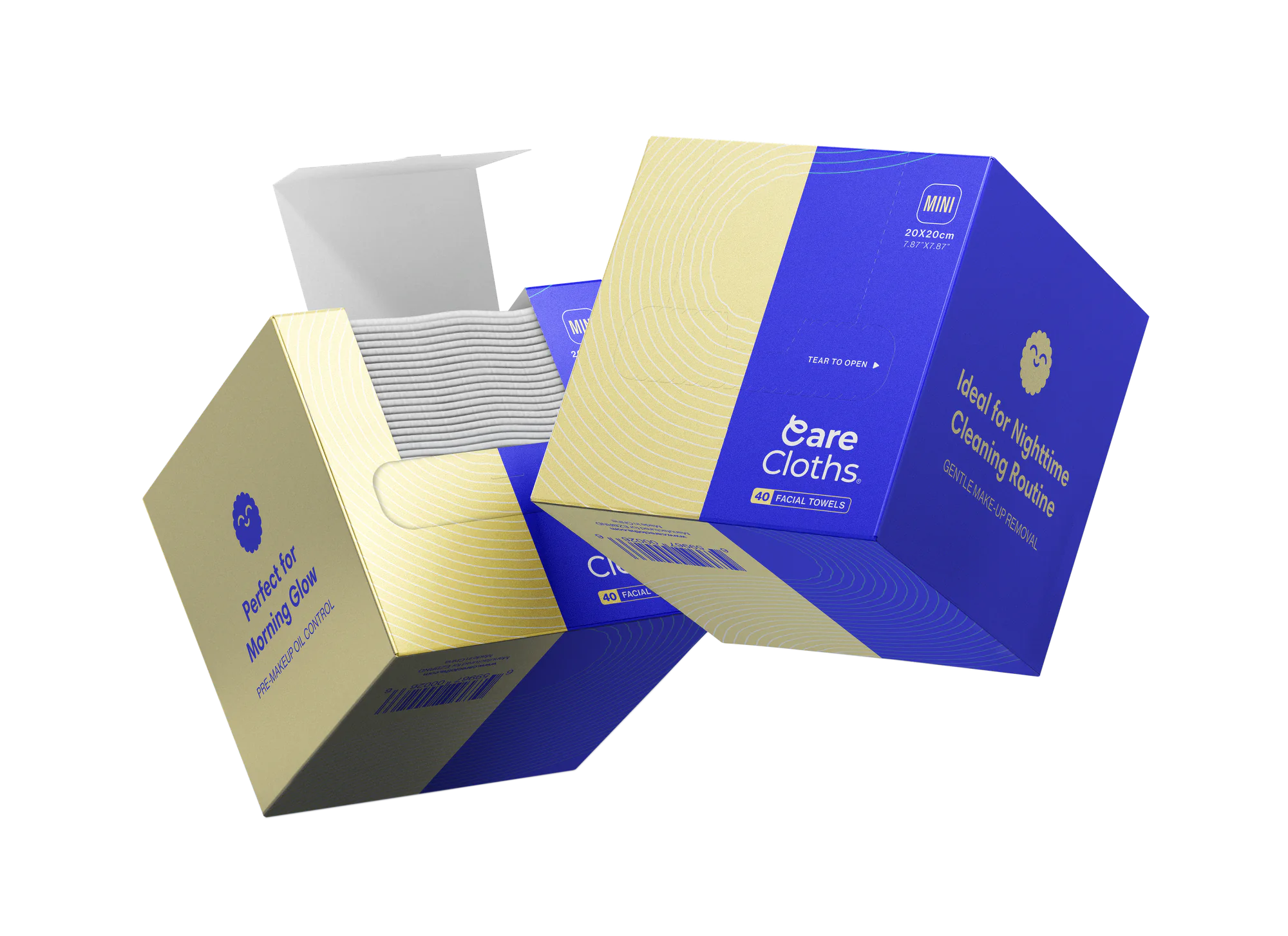 Two CareCloths MINI boxes, cream and blue, one open with fresh towels inside